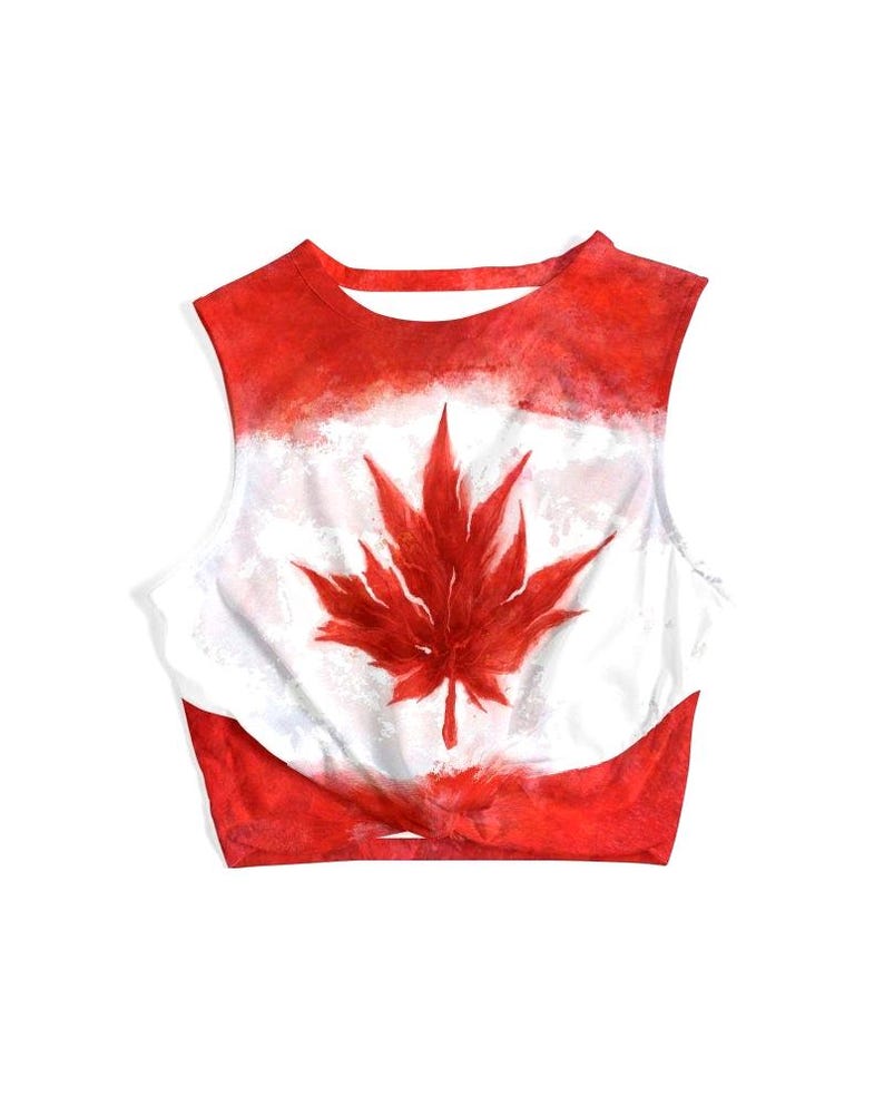 May include: A sleeveless crop top featuring the Canadian flag design. The top has a red and white color scheme, with a large red maple leaf in the center. The top is made of a soft, lightweight material.