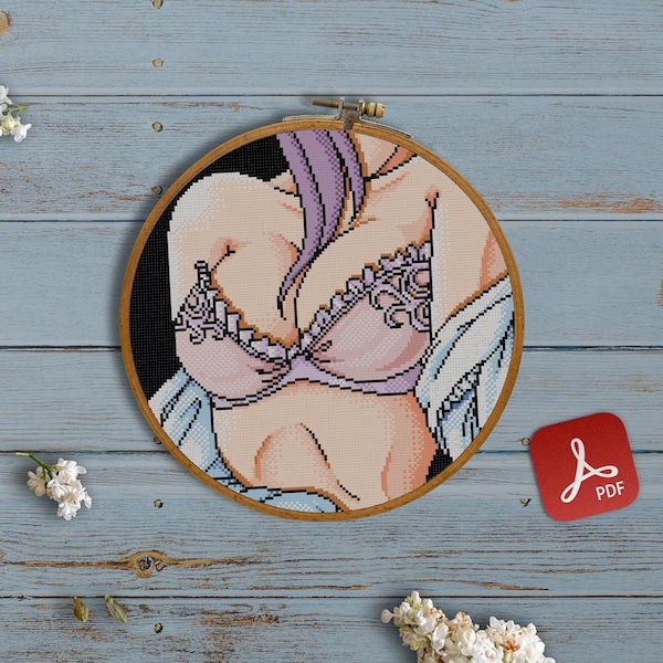 Lace Lingerie Bra, NSFW, Cartoon Breast, Woman, Lady, Tits, Mature, Sexy, Tities, Female, Boobs - Modern Cross Stitch, X stitch pattern