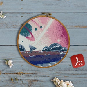 Space Scenery, Planets, Sky, Landscape, Futuristic, Cyberpunk, Future, Modern, Cosmic - Modern Cross Stitch, Wall Art, X stitch pattern