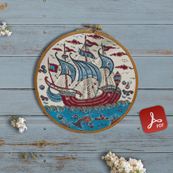 Fairy Ship, Sails, Galleon, Naval, Antique Vessel, British Fleet, Ocean, Sea, Waves - Modern Cross Stitch, Wall Art, X stitch pattern