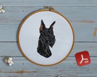 Duitse Dog, Duitse Mastiff, honden, huisdieren, canis, kleine vrienden, pluizig, grappig, familie - moderne kruissteek, kunst aan de muur, Xstitch-patroon