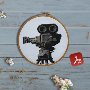 Camera, Holywood, film, regisseur, productie, operator, cameraman, film, toneel, script - moderne kruissteek, kunst aan de muur, X-steekpatroon