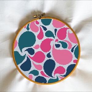 Puede incluir: Un aro de bordado redondo con un fondo de tela blanca y un diseño abstracto colorido. El diseño presenta formas rosas, azul verdoso y azul oscuro.