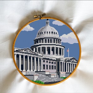May include: A cross-stitch embroidery depicting the US Capitol building in Washington, D.C. The building is white with a large dome and a flag flying on top. The background is a blue sky with white clouds.
