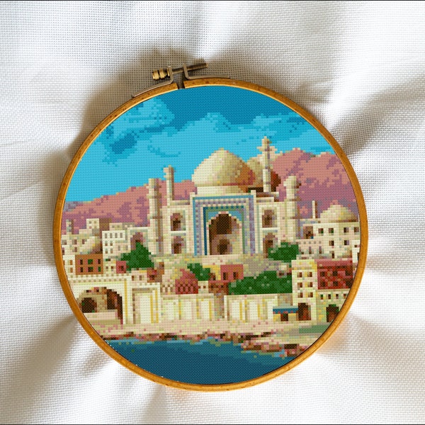 Baghdad, Arabic, Bazaar, City, Antique, Mountains, Castle, Scenery, Landscape, Sunset - Modern Cross Stitch, Wall Art, X stitch pattern