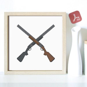 May include: A framed print featuring two crossed shotguns. The shotguns are depicted in gray and brown, set against a white background. The frame is a light wood color. A PDF icon is visible.