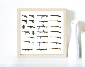 26 en 1, Paquete de armas, Segunda Guerra Mundial, Armas, Pistola, Rifle, Granada, RPG, Paquete, Paquete de iconos - Punto de cruz moderno, Arte de pared, Patrón de puntada X