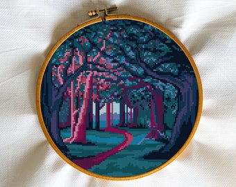 Magic Wood, Forest, Jungle, Sunset, Magical, Fun, Fairy Tale, Solitude, Moody, Brakelon  - Modern Cross Stitch, Wall Art, X stitch pattern