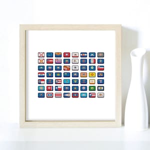 May include: A framed print of the flags of all 50 US states, arranged in a grid pattern. The flags are colorful and detailed, with a white background.