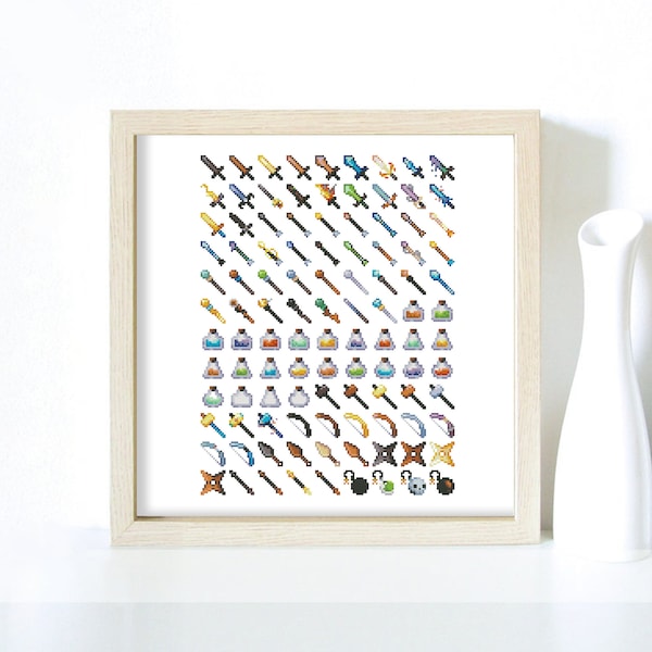 108 in 1, Fantasy Weapon Pack, Weapons, Sword, Bow, Hammer, Grenade, RPG, Bundle, Icon pack  Modern Cross Stitch, Wall Art, X stitch pattern