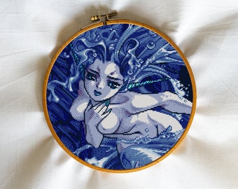 Mermaid, Mythical creature, Magic, Magical, Sylph, FFXIV, Ocean, Supernatural, Fish female - Modern Cross Stitch, Wall Art, X stitch pattern
