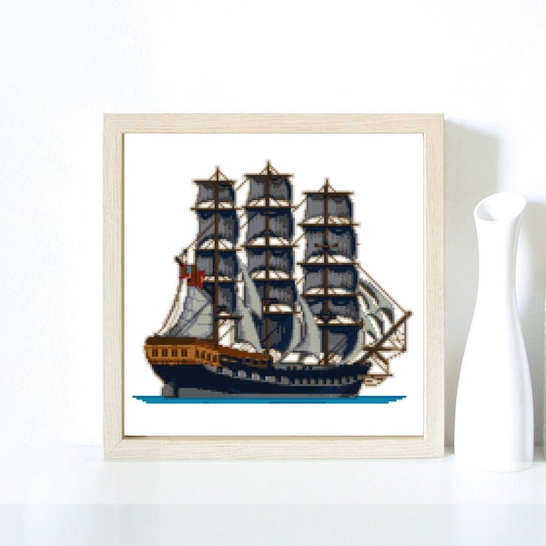 Frigate Ship, Sails, Galleon, Naval, Antique Vessel, British Fleet, Ocean, Sea, Waves - Modern Cross Stitch, Wall Art, X stitch pattern