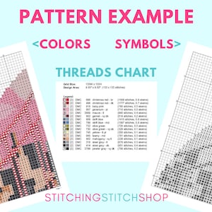May include: A cross-stitch pattern chart with a color key and a sample of the design. The design is a colorful mountain scene with a house and trees. The chart is 1236 x 1234 stitches, or 8.30" x 8.30".