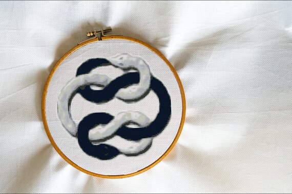 Twisted Snakes, Serpent, Aztec spirit, Buddhism, Enlightened, India, Guru, cobra - Modern Cross Stitch, Wall Art, X stitch pattern
