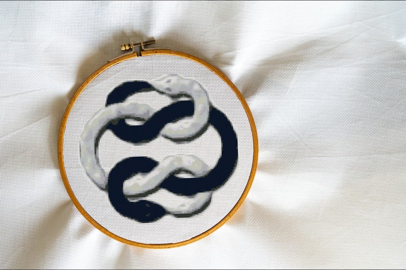 May include: A black and white embroidery hoop with a design of two intertwined snakes. The snakes are in a continuous loop, creating a symbol of infinity.