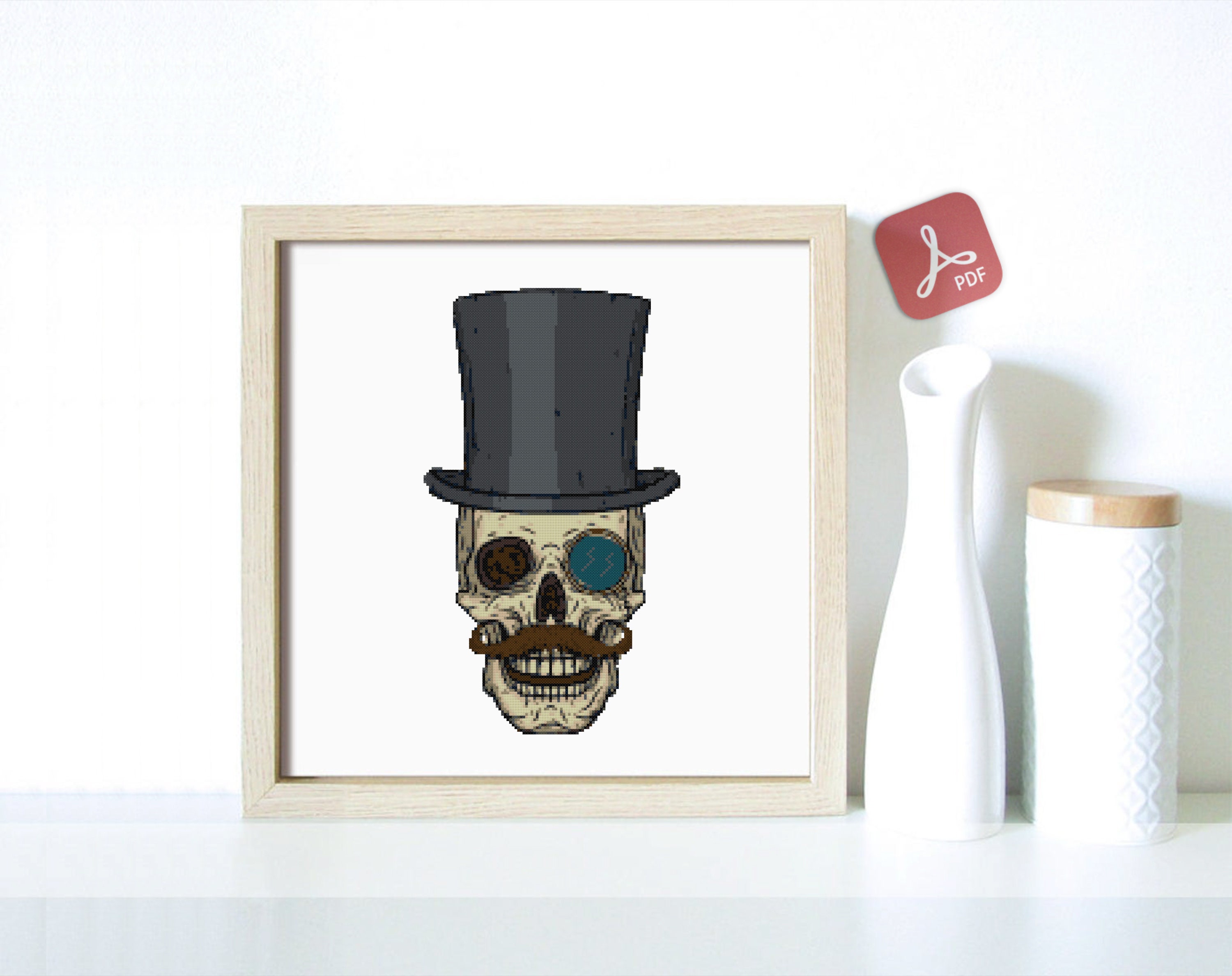 Mr Skull Hat Wall Art X stitch pattern Head Bones Monocle Gentleman Arsene Lupin Skeleton Suit Modern Cross Stitch Cylinder