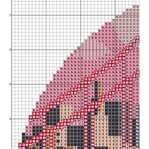 May include: Cross-stitch pattern featuring a red, white, and black design with a pink background. The design includes a stylized image of a person with a red hat and a black and white patterned shirt.