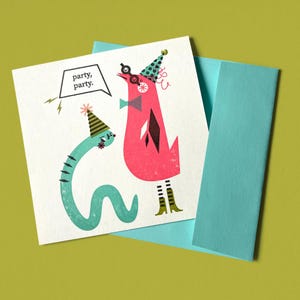 Party, Party! Hand Gocco Screenprinted greeting note card party hat bird worm party animal