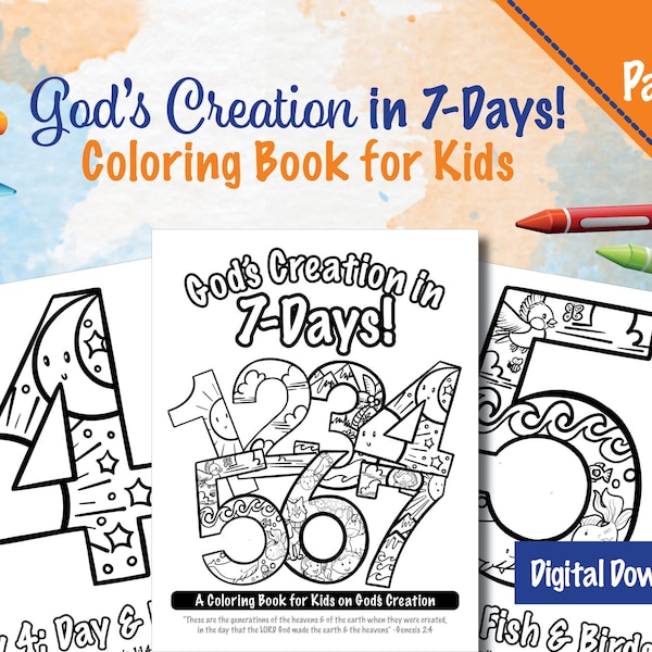 A Coloring Book for Kids on God's Creation in 7-Days!  | Digital Download 12-Pages | KJV Bible Theme