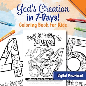 Ein Malbuch für Kinder über Gottes Schöpfung in 7 Tagen!  | Digitaler Download 12-Seiten | KJV Bibel Theme