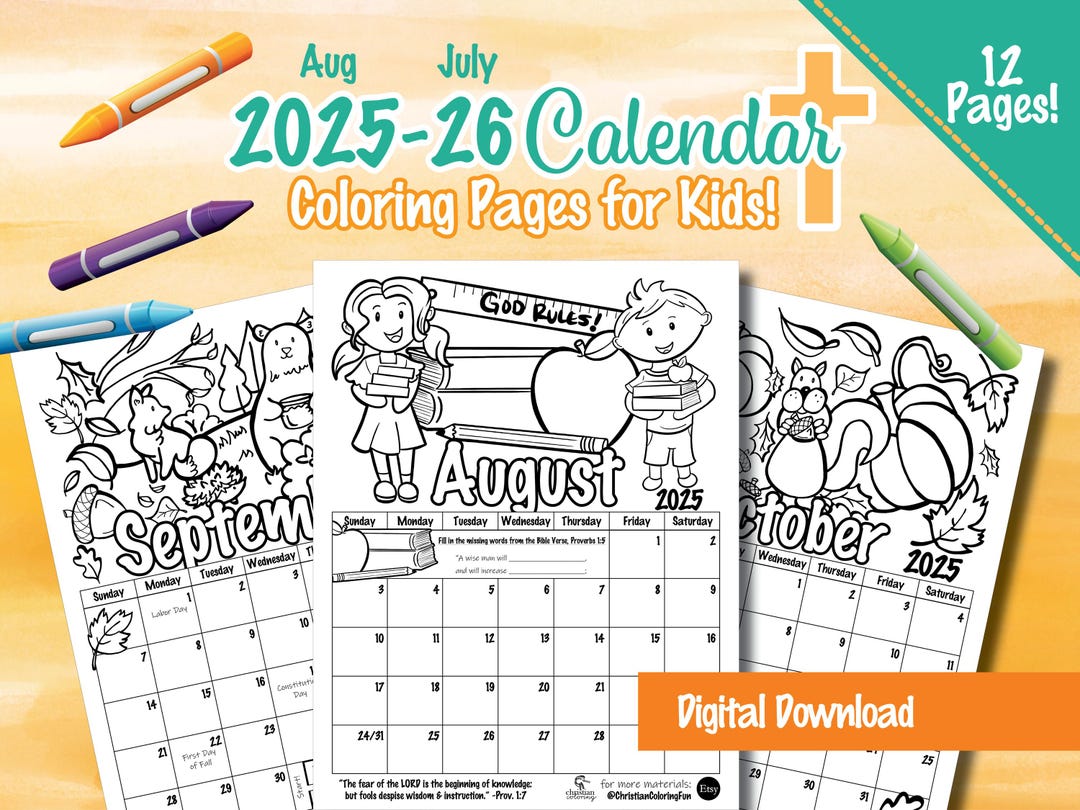 Ohip Printable Christian Kids Monthly Calendar 2025‑2026 Coloring Pages ...