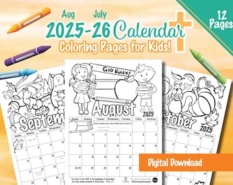 Afdrukbare christelijke maandkalender voor kinderen 2025-2026 Kleurplaten | NBG Bijbelvers Instant digitale download pdf | Thuisschool zondagsschool