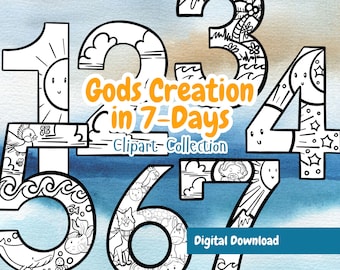 Gods schepping in 7 dagen Clipart zwart-wit | Bijbelverhaal Genesis | Transparante png-achtergrond | Christelijke zondagsschool | Digitale download