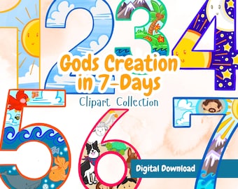 Gods schepping in 7 dagen Clipart | Bijbelverhaal Genesis | Transparante png-achtergrond | Christelijke zondagsschool thuisschool | Digitale download