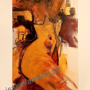 Könnte beinhalten: Abstrakte Ölgemälde einer nackten Figur in Orange-, Gelb- und Brauntönen. Das Kunstwerk weist kräftige Pinselstriche und ein strukturiertes Aussehen auf. Die Website des Künstlers, isabellamoog.de, ist unten links sichtbar.