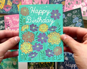 Marigold Cosmos Birthday Card, October Birth Flower Greeting Cards