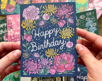 Floral Birthday Card: Peony & Mum Illustration