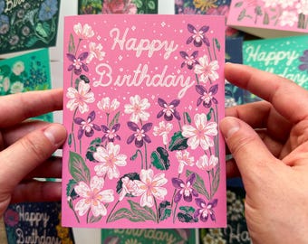 Violet & Primrose Birthday Card, February Birth Flower Greeting Cards