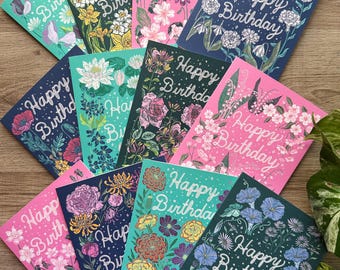 Birth Flower Birthday Card Set, Illustrated Floral Greeting Cards