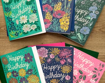 Birth Flower Birthday Card Set, Illustrated Floral Happy Birthday Cards
