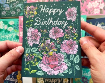 June Birth Flower Birthday Card - Roses & Honeysuckle Greeting Cards