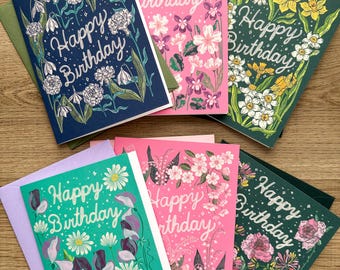 Birth Flower Birthday Card Set, Illustrated Floral Happy Birthday Cards