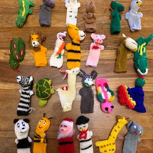 25 Hand knitted finger puppets Peru story telling party bags stocking fillers Christmas advent calendar