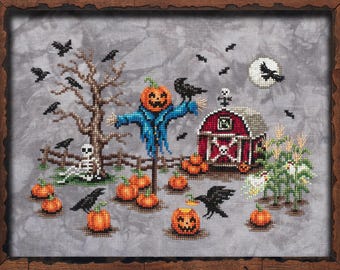 May include: Cross-stitch artwork in a wooden frame. The scene depicts a Halloween pumpkin patch with a scarecrow, pumpkins, crows, and a red barn. The text "MURDER IN THE PUMPKIN PATCH" is at the top, and "BY LOLA CROW CROSS STITCH" is at the bottom.