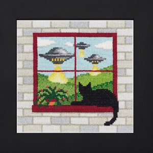 Cross Stitch Pattern - Cat and UFOs - PDF Instant Download