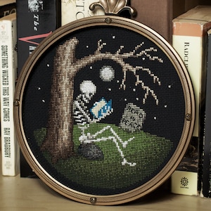 Cross Stitch Pattern - Skeleton with Book - PDF Instant Download