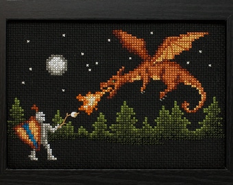 Cross Stitch Pattern - Dragon, Knight and Moon - PDF Instant Download