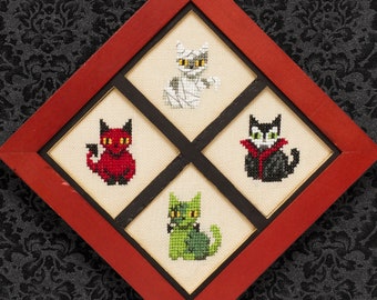 Halloween Cat Cross Stitch Pattern - Vampire Frankenstein Mummy and Devil - PDF Instant Download