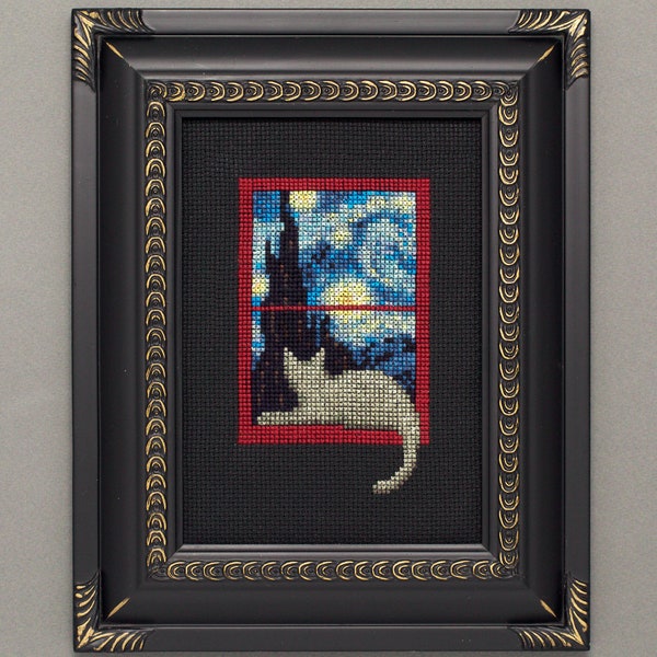 Cross Stitch Pattern - Cat in Window, Starry Night - PDF Instant Download