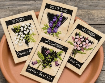 Kruissteekpatroon - giftige planten vintage zaadpakketten - pdf direct download