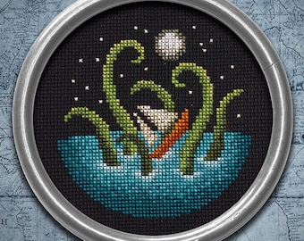 Cross Stitch Pattern - Kraken Moon and Boat - PDF Instant Download