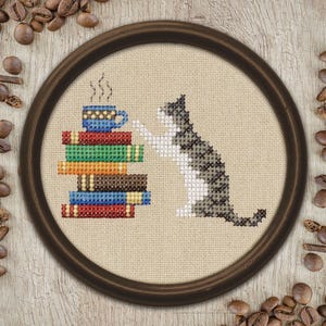 Cross Stitch Pattern - Cat, Books and Coffee - PDF Instant Download