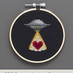 UFO Valentine Cross Stitch Pattern - Heart and UFO - PDF Instant Download