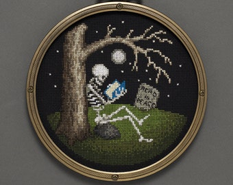 Cross Stitch Pattern - Skeleton with Book - PDF Instant Download