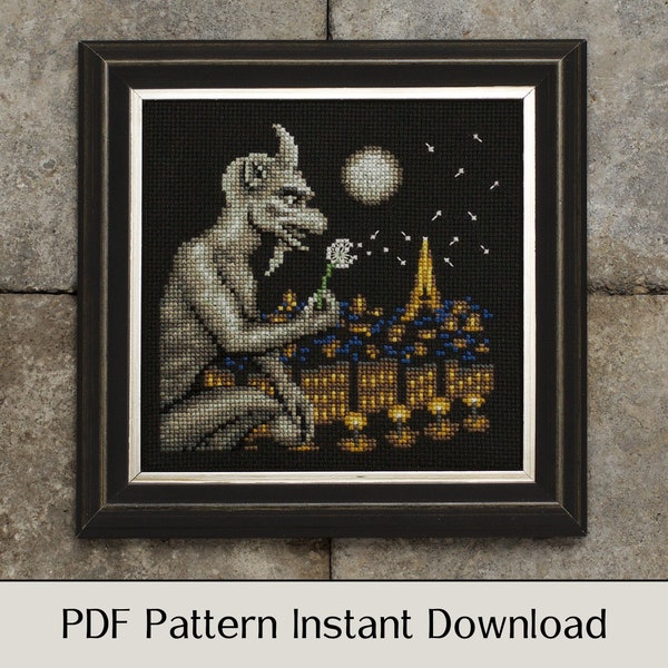 Cross Stitch Pattern - Gargoyle with a Dandelion, Moon and Paris - PDF Instant Download
