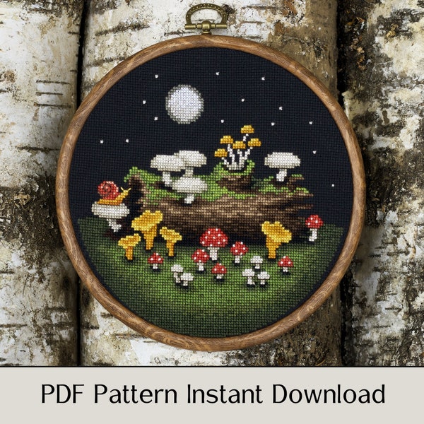 Cross Stitch Pattern - Mushrooms, Snail and Moon - PDF Instant Download